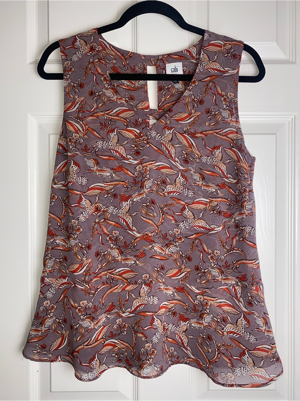 CAbi Good Luck Bird Print Floral Sleeveless Keyhole Blouse
